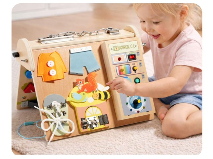 Busy Board Montessori din lemn cu lumini LED și 4 zone de activități [2]