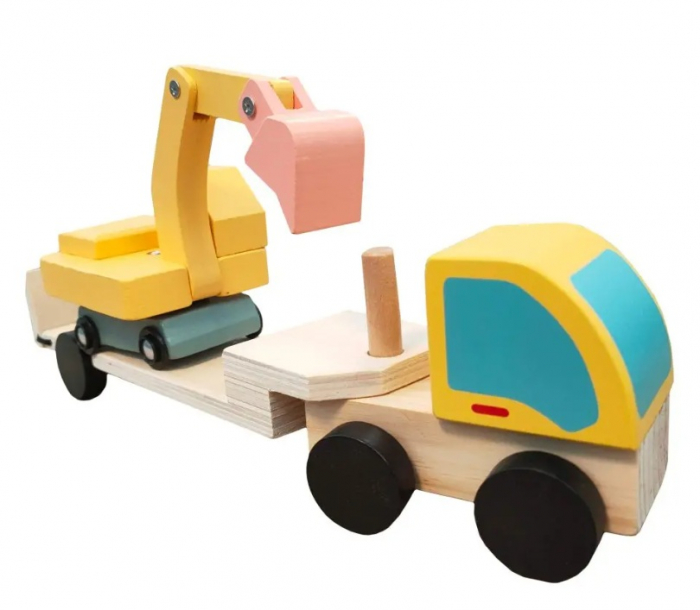 Camion din lemn cu platforma si excavator pentru copii 3 ani+ [2]
