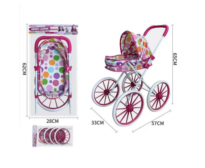 Cărucior pliabil pentru păpuși cu roți mari și parasolar detașabil – (alb & roz) [2]