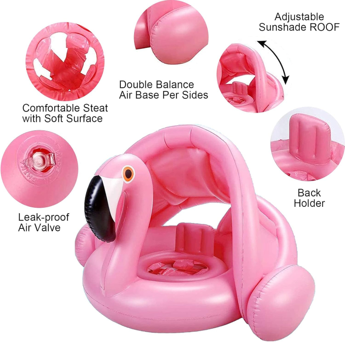 Colac gonflabil flamingo pentru copii cu parasolar și suport stabil [4]