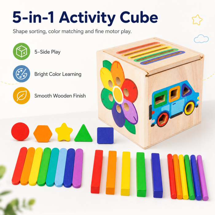 Cub educativ din lemn pentru sortarea culorilor și formelor geometrice [4]