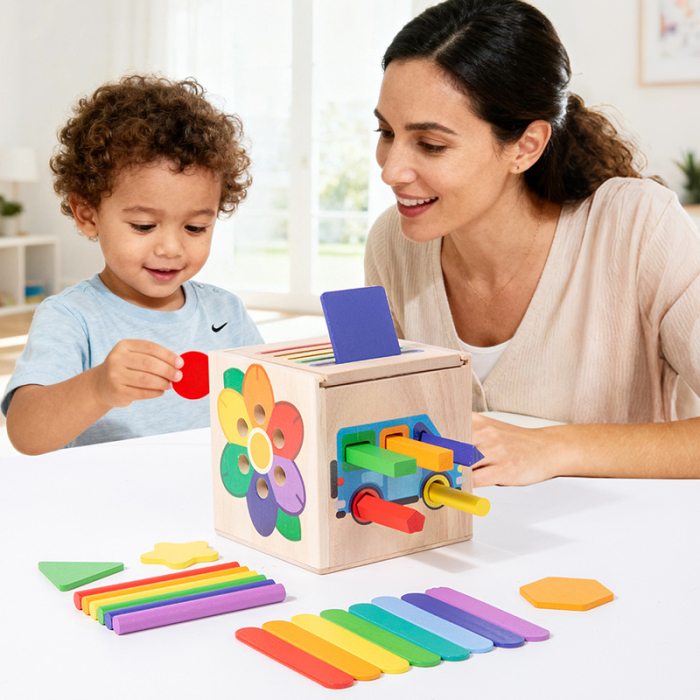 Cub educativ din lemn pentru sortarea culorilor și formelor geometrice [2]