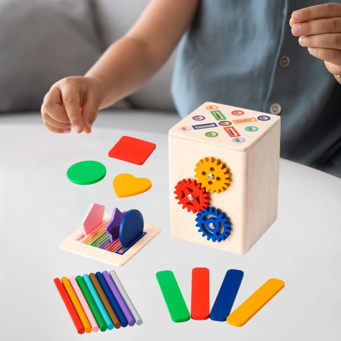 Cub Montessori din lemn 6 în 1 cu sortator forme, angrenaje și activități educative [3]