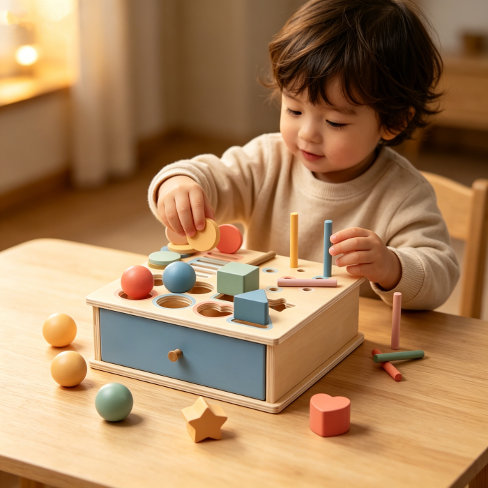 Cutie Montessori 4 în 1 cu bile, monede și sortare forme geometrice [3]