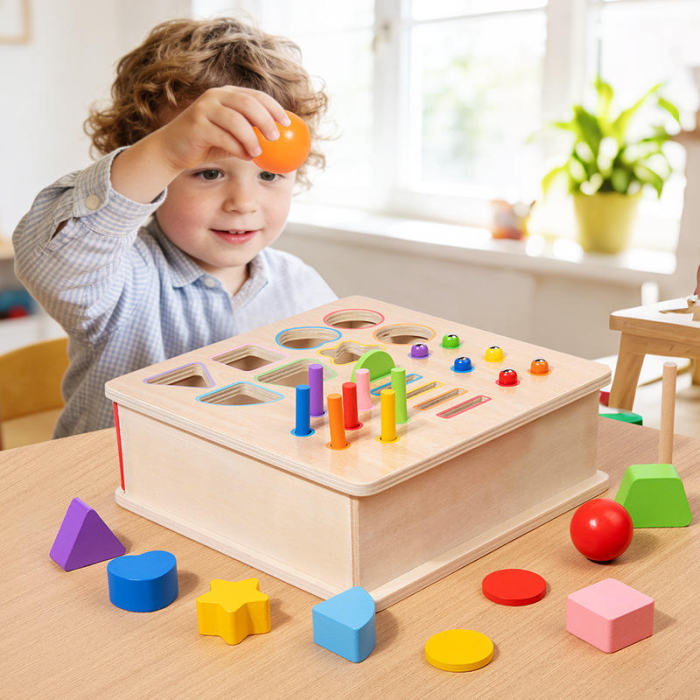 Cutie Montessori din lemn 5 în 1 cu sortator forme, bile colorate și joc de potrivire [3]