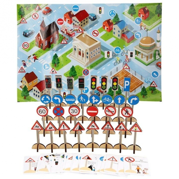 Invata semnele de circulatie – Set Montessori din lemn, 55 piese | ZukiToys.ro [1]