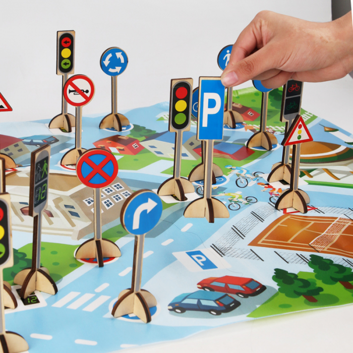 Invata semnele de circulatie – Set Montessori din lemn, 55 piese | ZukiToys.ro [4]