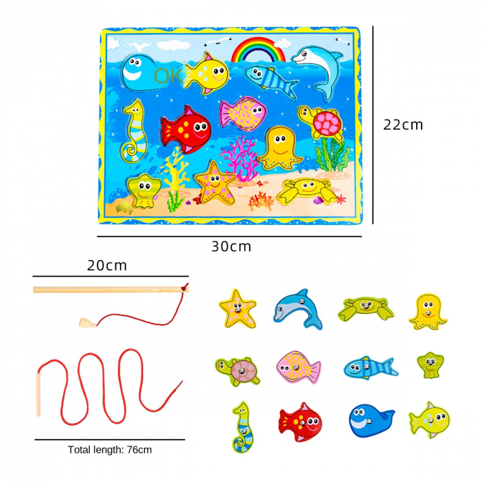 Joc 3-în-1 Ocean – pescuit magnetic, șnuruit și sortare forme din lemn | ZukiToys.ro [1]
