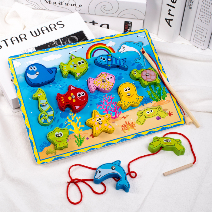 Joc 3-în-1 Ocean – pescuit magnetic, șnuruit și sortare forme din lemn | ZukiToys.ro [2]