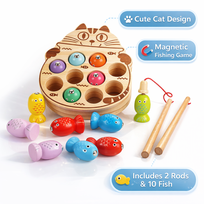 Joc de pescuit magnetic din lemn pentru copii cu tablă pisică, 10 pești și 2 undițe [3]