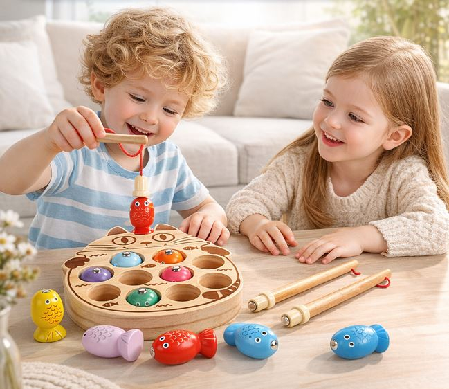 Joc de pescuit magnetic din lemn pentru copii cu tablă pisică, 10 pești și 2 undițe [2]