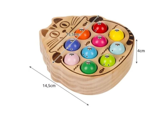 Joc de pescuit magnetic din lemn pentru copii cu tablă pisică, 10 pești și 2 undițe [4]