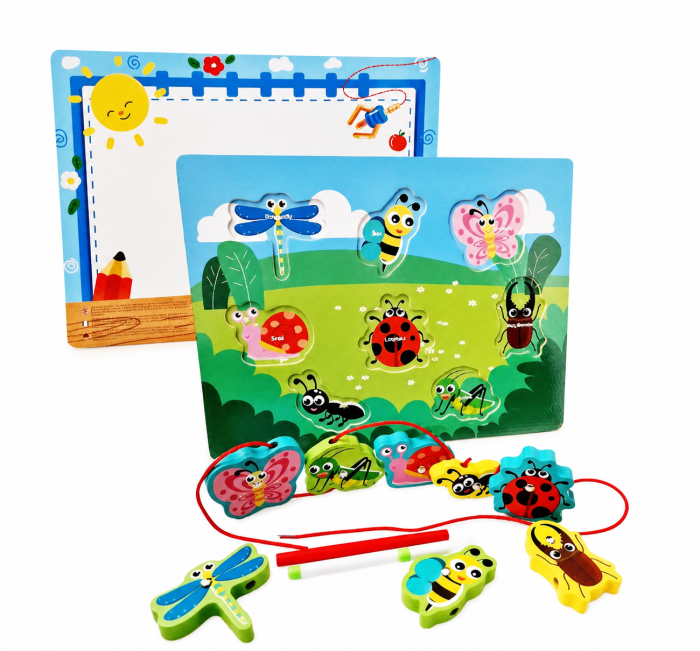 Joc educativ 4 în 1 pescuit magnetic, snuruit, puzzle și tablă de desen cu insecte [3]