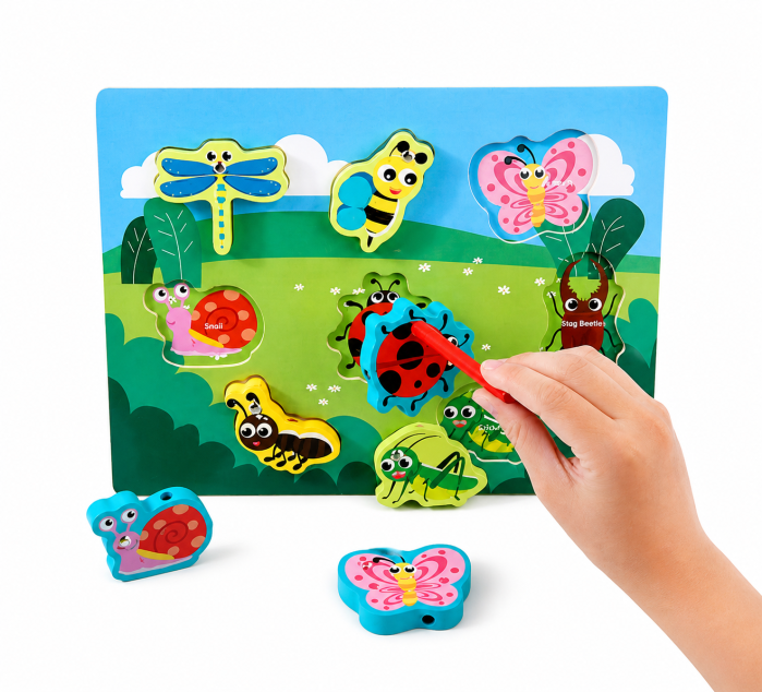 Joc educativ 4 în 1 pescuit magnetic, snuruit, puzzle și tablă de desen cu insecte [2]