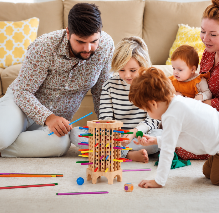 Joc educativ din lemn pentru echilibru și strategie – Turn cu bețe și bile colorate [2]