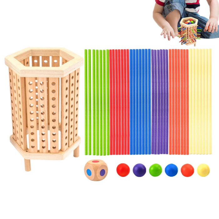 Joc educativ din lemn pentru echilibru și strategie – Turn cu bețe și bile colorate [5]