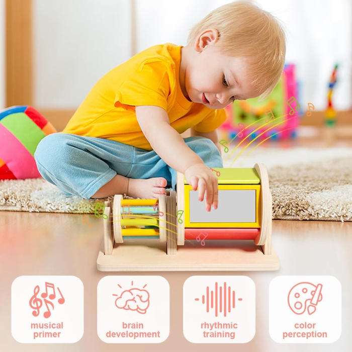 Joc educativ Montessori – tambur dublu cu clopoței și oglindă, jucărie senzorială bebe [3]