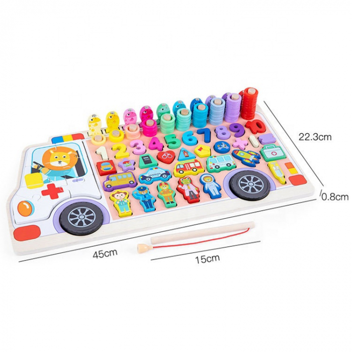 Joc logaritmic lemn tip ambulanta – Sortator cifre, forme si inele, Montessori 3 in 1 [5]