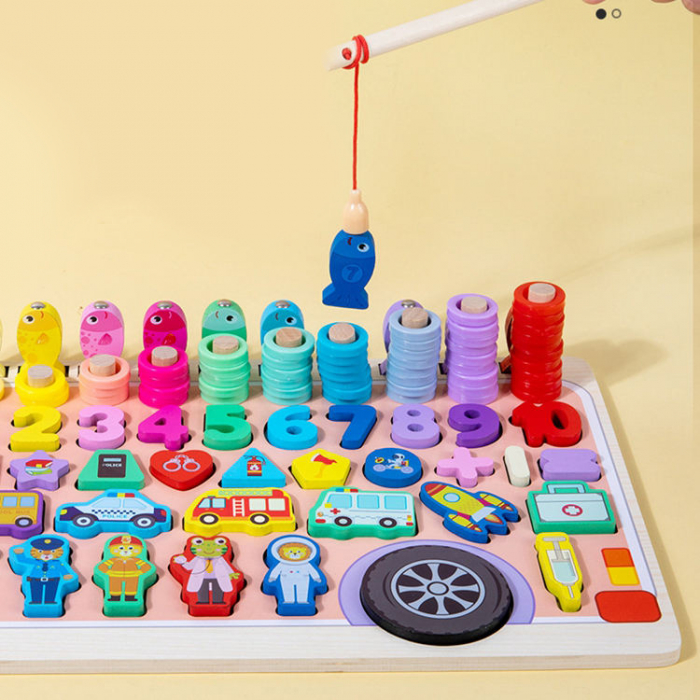 Joc logaritmic lemn tip ambulanta – Sortator cifre, forme si inele, Montessori 3 in 1 [3]