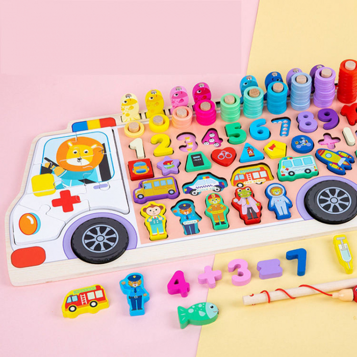 Joc logaritmic lemn tip ambulanta – Sortator cifre, forme si inele, Montessori 3 in 1 [8]