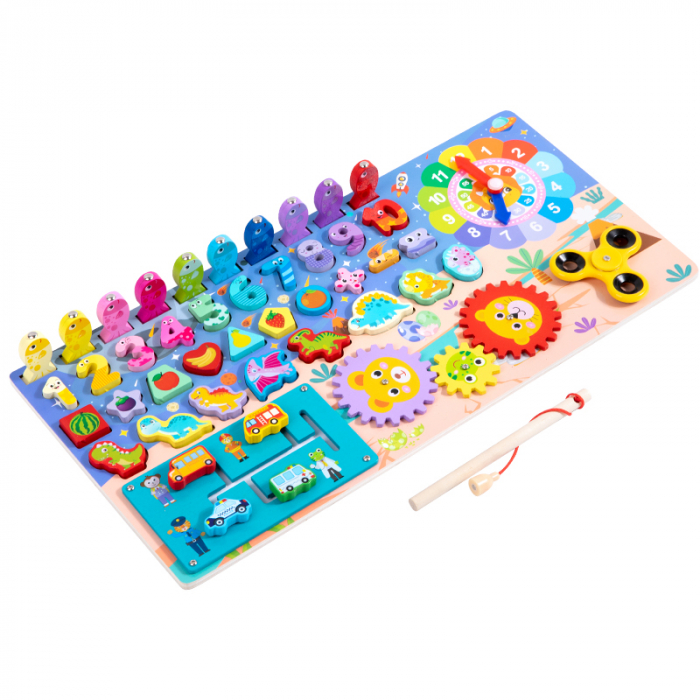 Joc logaritmic multifunctional 8 in 1 din lemn – Dinozauri, cifre, fructe, ceas si sortator Montessori [1]