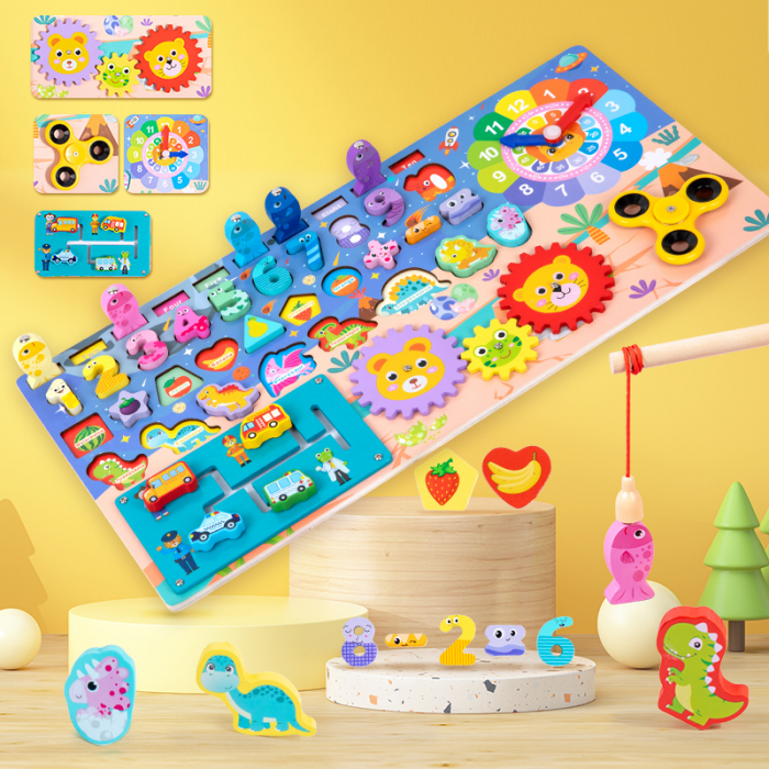 Joc logaritmic multifunctional 8 in 1 din lemn – Dinozauri, cifre, fructe, ceas si sortator Montessori [4]