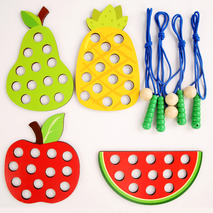 Joc Montessori de șnuruit din lemn cu fructe colorate și omidă [2]