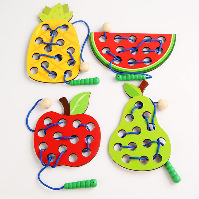Joc Montessori de șnuruit din lemn cu fructe colorate și omidă [4]