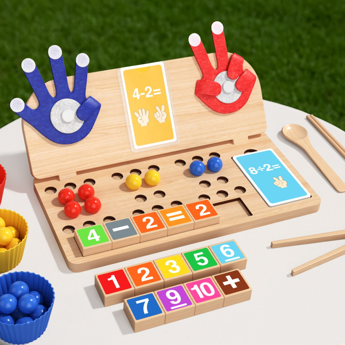Joc Montessori matematic cu degete, numere și bile colorate din lemn [5]