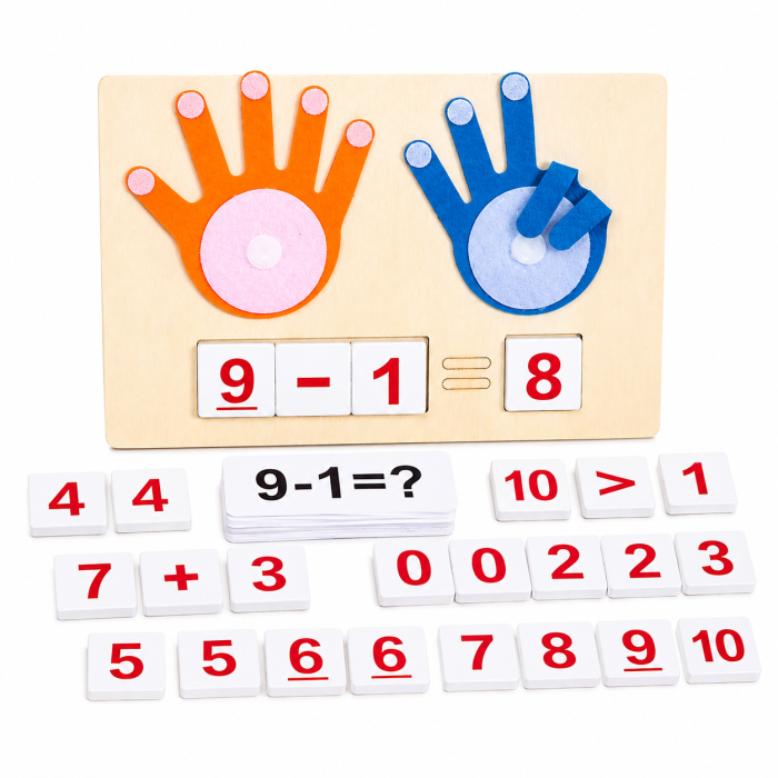 Joc Montessori pentru învățarea matematicii cu degete, cartonașe și piese pentru calcule [3]