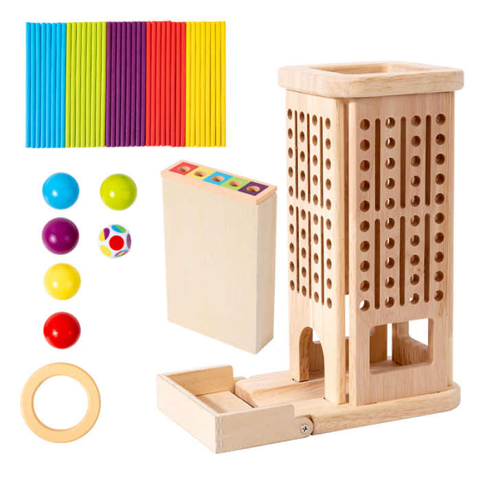 Joc Plunk 3 in 1 din lemn – turn cu betisoare si bile colorate [7]