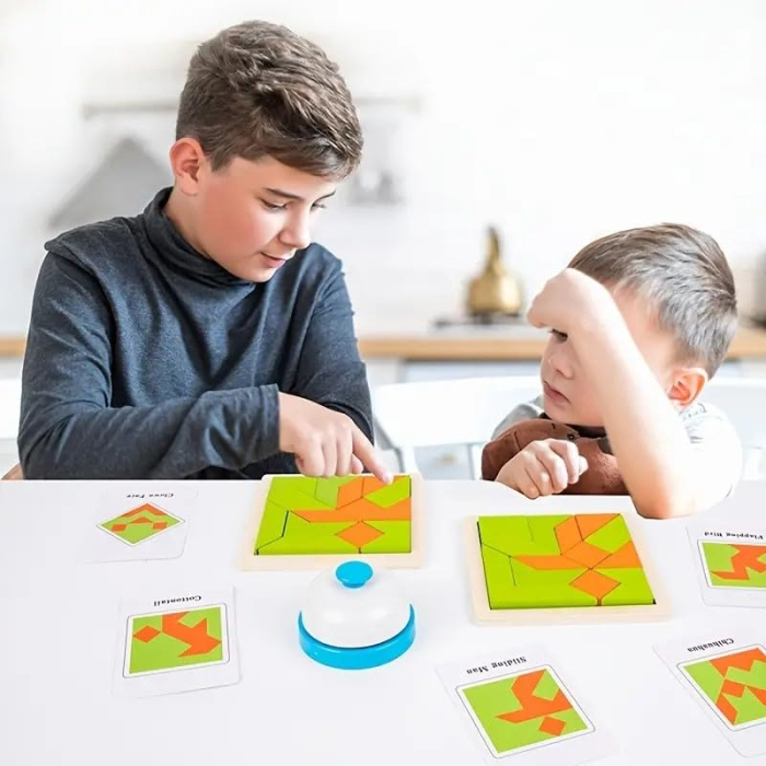 Joc Tangram Battle din lemn – Provocări de logică cu forme geometrice și clopoțel [4]