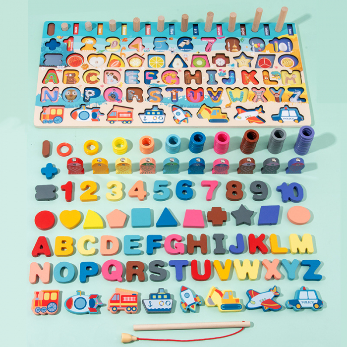 Jucarie educativa logaritmica Montessori 7 in 1 – Traffic Board din lemn cu cifre, forme si pescuit magnetic [2]