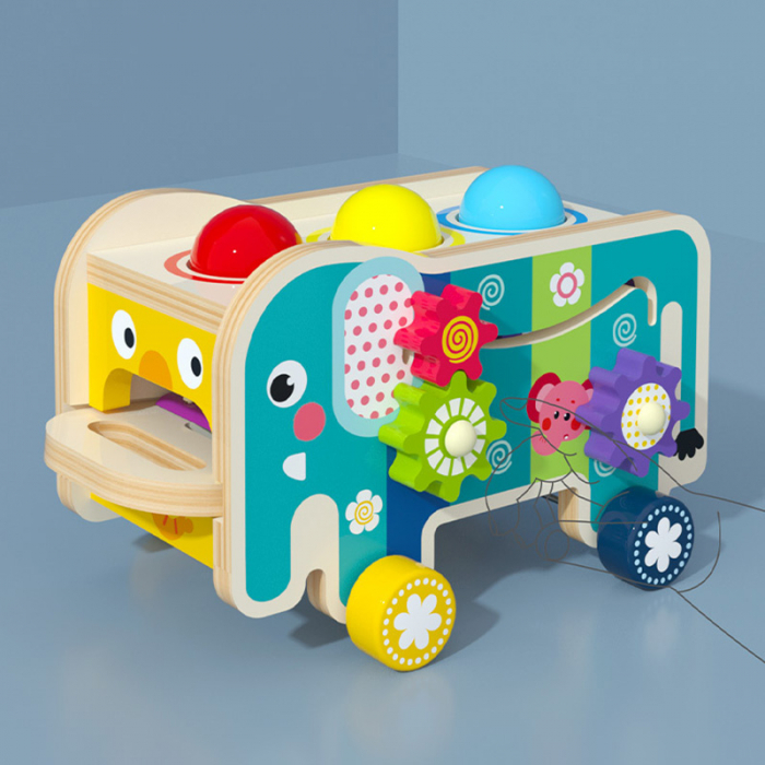 Jucărie Montessori camion 3 în 1 din lemn – xilofon, ciocănel și sortator forme [3]