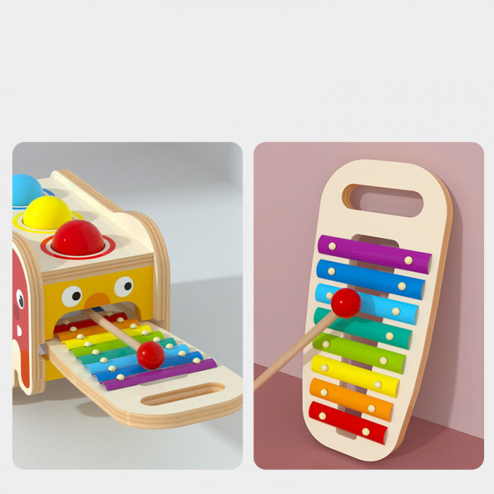 Jucărie Montessori camion 3 în 1 din lemn – xilofon, ciocănel și sortator forme [4]