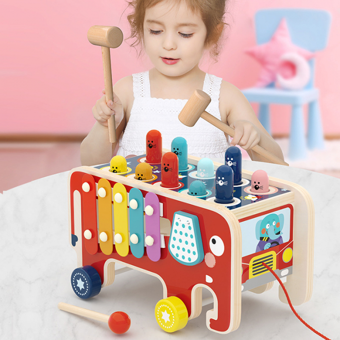 Jucărie Montessori motricitate 4 în 1 – elefant din lemn cu xilofon și sortator forme [3]