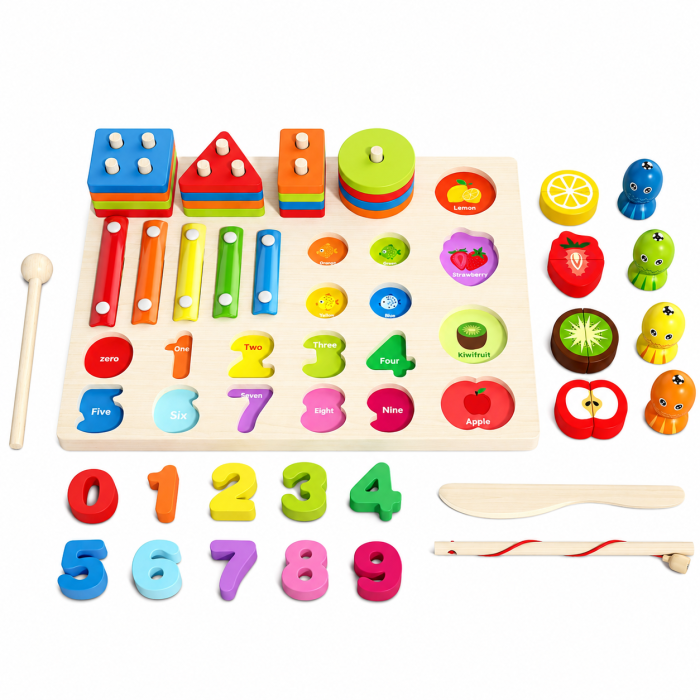 Jucărie multifuncțională Montessori 5 în 1 din lemn – xilofon, joc de pescuit, sortator, cifre și joc de rol [2]