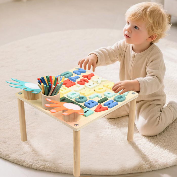 Masă Montessori din lemn cu litere, cartonașe și activități educative [5]