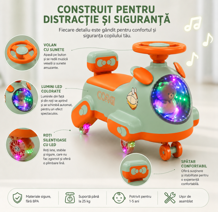 Mașinuță ride-on pentru copii cu muzică și lumini - Portocaliu [4]