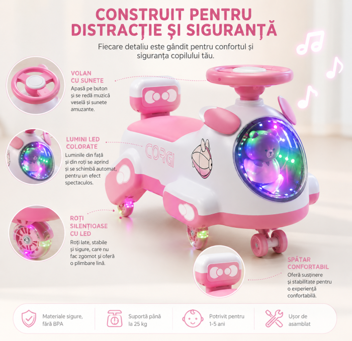 Mașinuță ride-on pentru copii cu muzică și lumini - Roz [5]