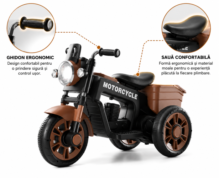 Motocicletă electrică retro 12V cu 3 roți, scaun din piele ecologică și compartiment de depozitare - Maro [3]