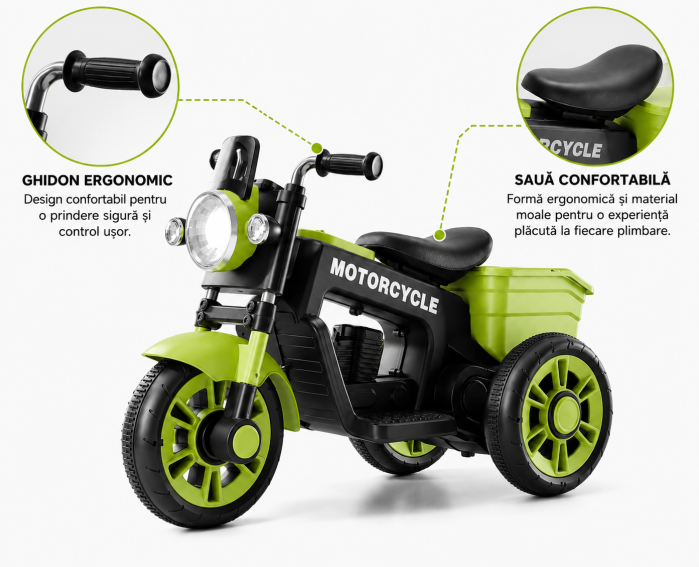 Motocicletă electrică retro 12V cu 3 roți, scaun din piele ecologică și compartiment de depozitare - Verde [3]