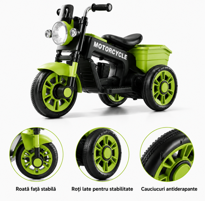 Motocicletă electrică retro 12V cu 3 roți, scaun din piele ecologică și compartiment de depozitare - Verde [2]