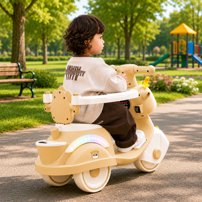 Motocicletă ride-on 4 în 1 pentru copii cu copertină și mâner parental - Crem [3]
