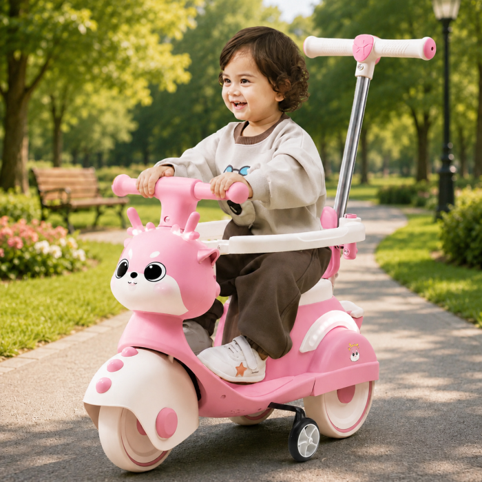 Motocicletă ride-on 4 în 1 pentru copii cu copertină și mâner parental - Roz [2]