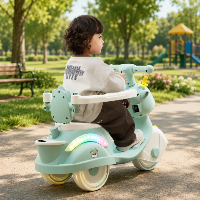 Motocicletă ride-on 4 în 1 pentru copii cu copertină și mâner parental - Verde [3]