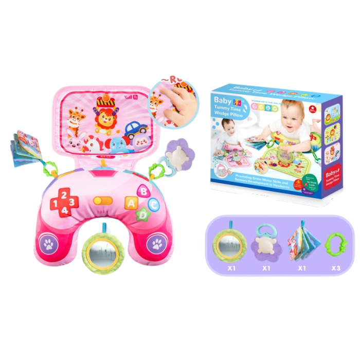 Perna Tummy-Time - Carti Textile, Jucarii Senzoriale si sunete - roz [4]