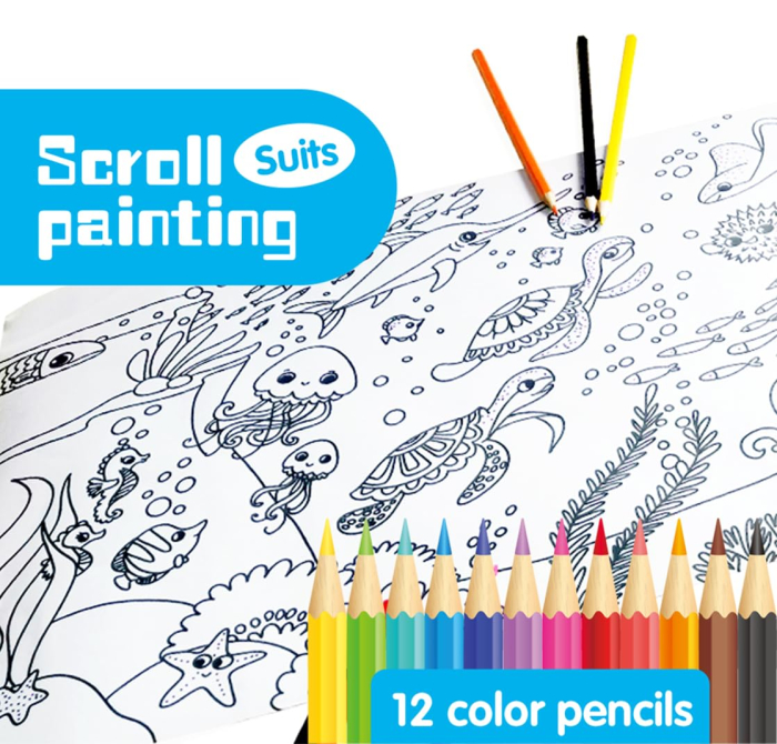 Planșă de colorat cu animale marine – Rulou autoadeziv, 12 creioane colorate incluse [5]