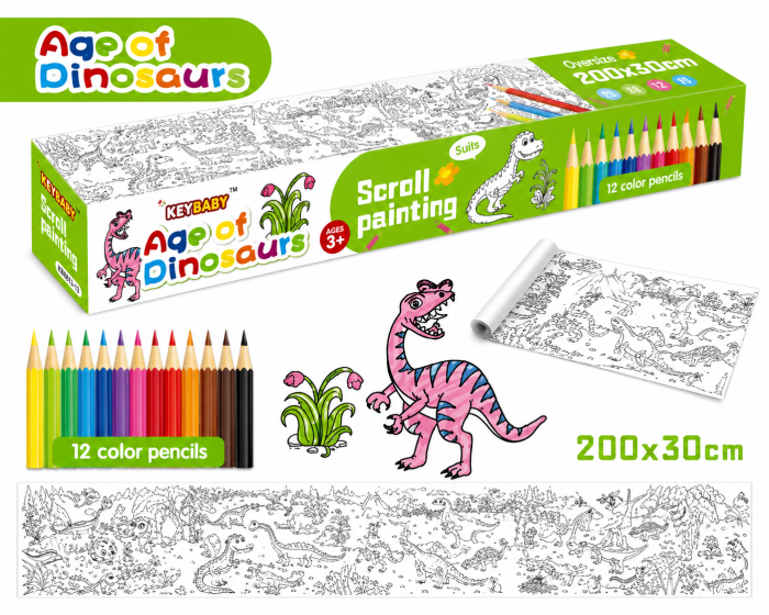 Planșă de colorat cu dinozauri – Rulou autoadeziv, 12 creioane colorate incluse [2]