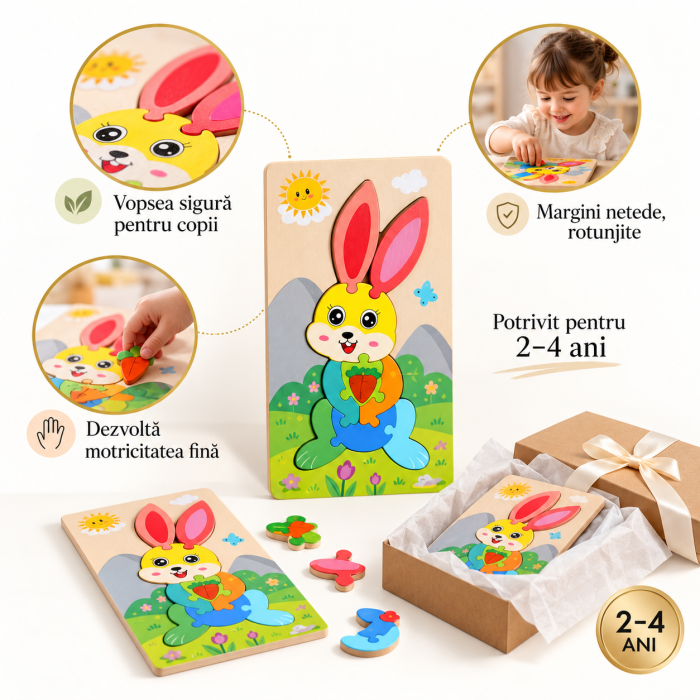 Puzzle 3D din Lemn cu Iepuraș și Morcovi, 10 Piese - 3 ani + [2]